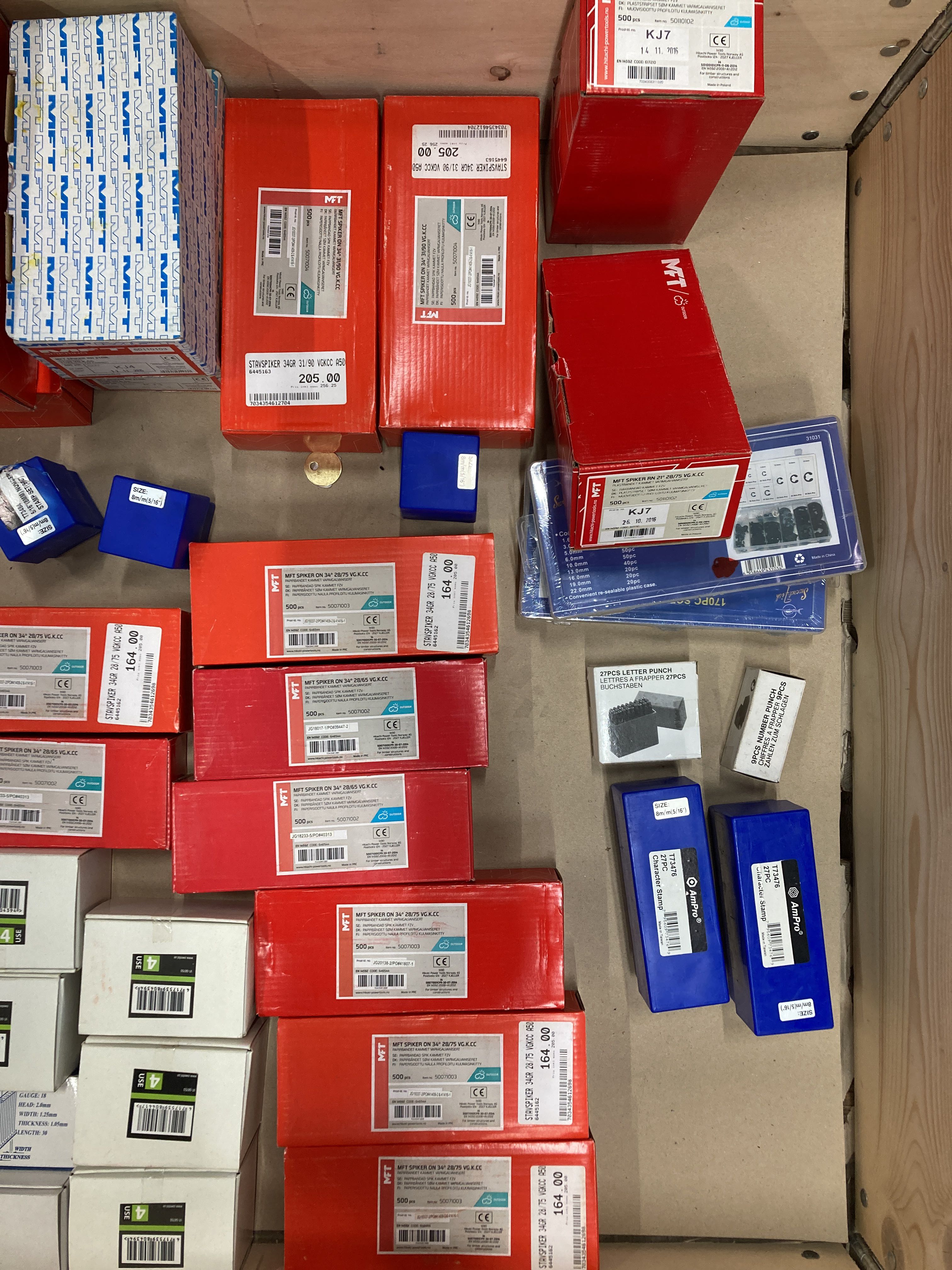 Number and letter stamps, staples and cardboard knives, etc PS