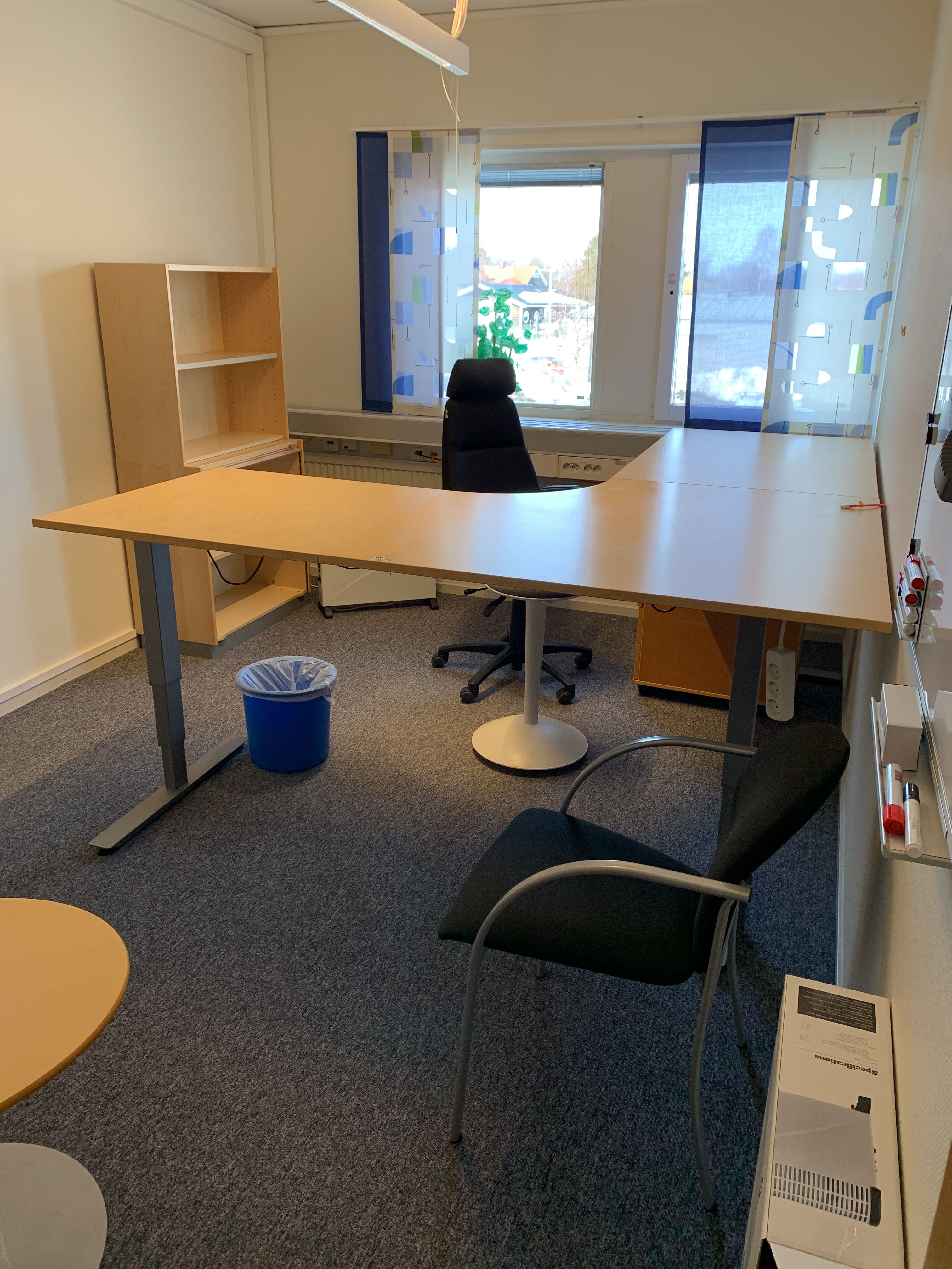 Office furniture Electric raise/lower desk, office chair, bookshelf