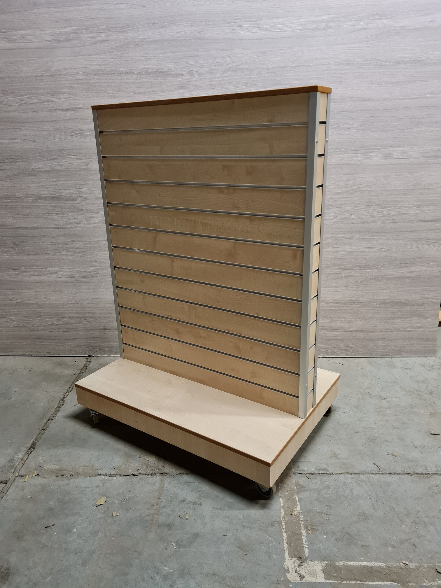 Cash desk, round rack, track panel gondola, in birch design