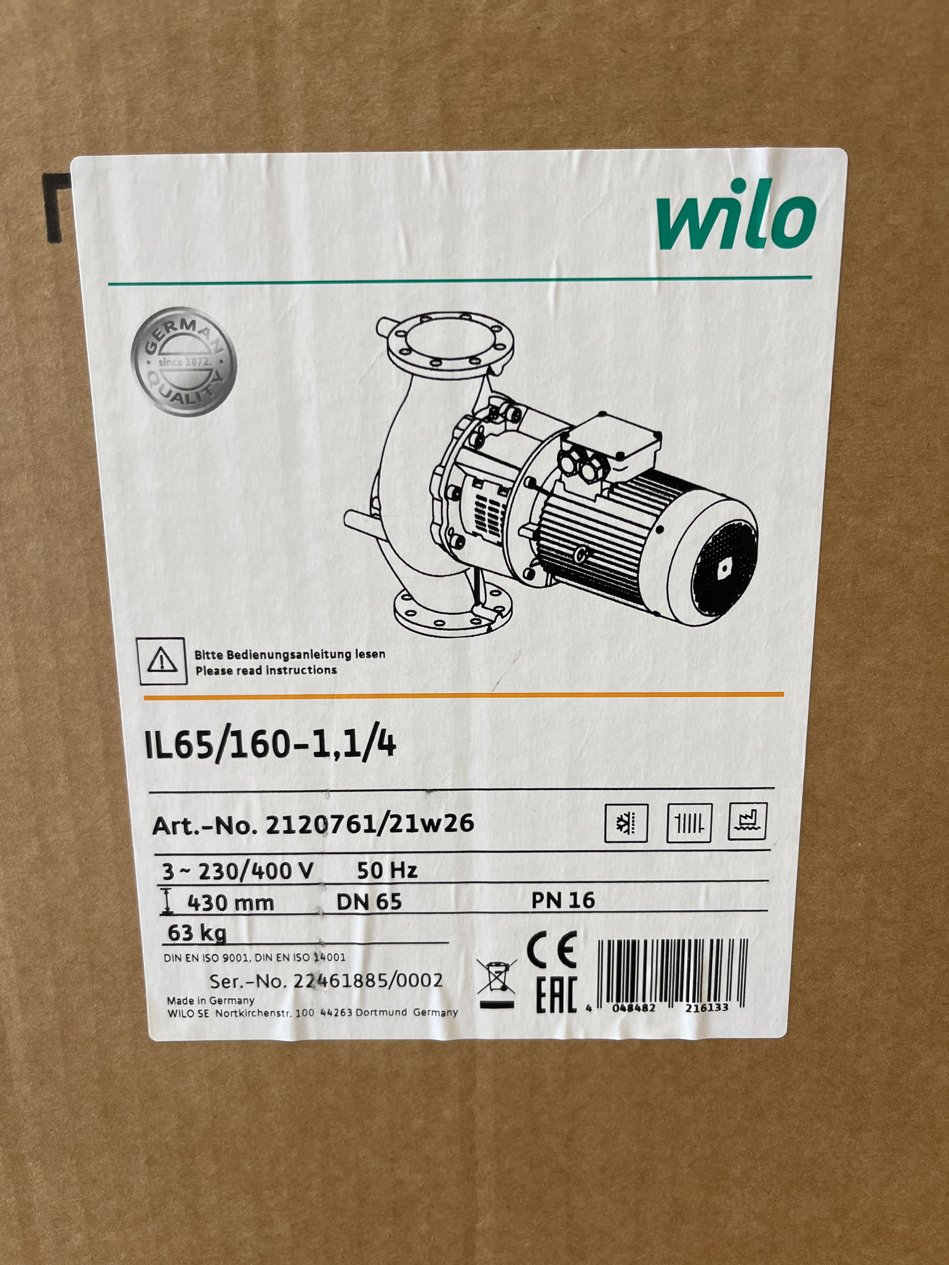 Circulation pump Wilo IL 65 / 160-1.1 / 4 - PS Auction - We value the ...