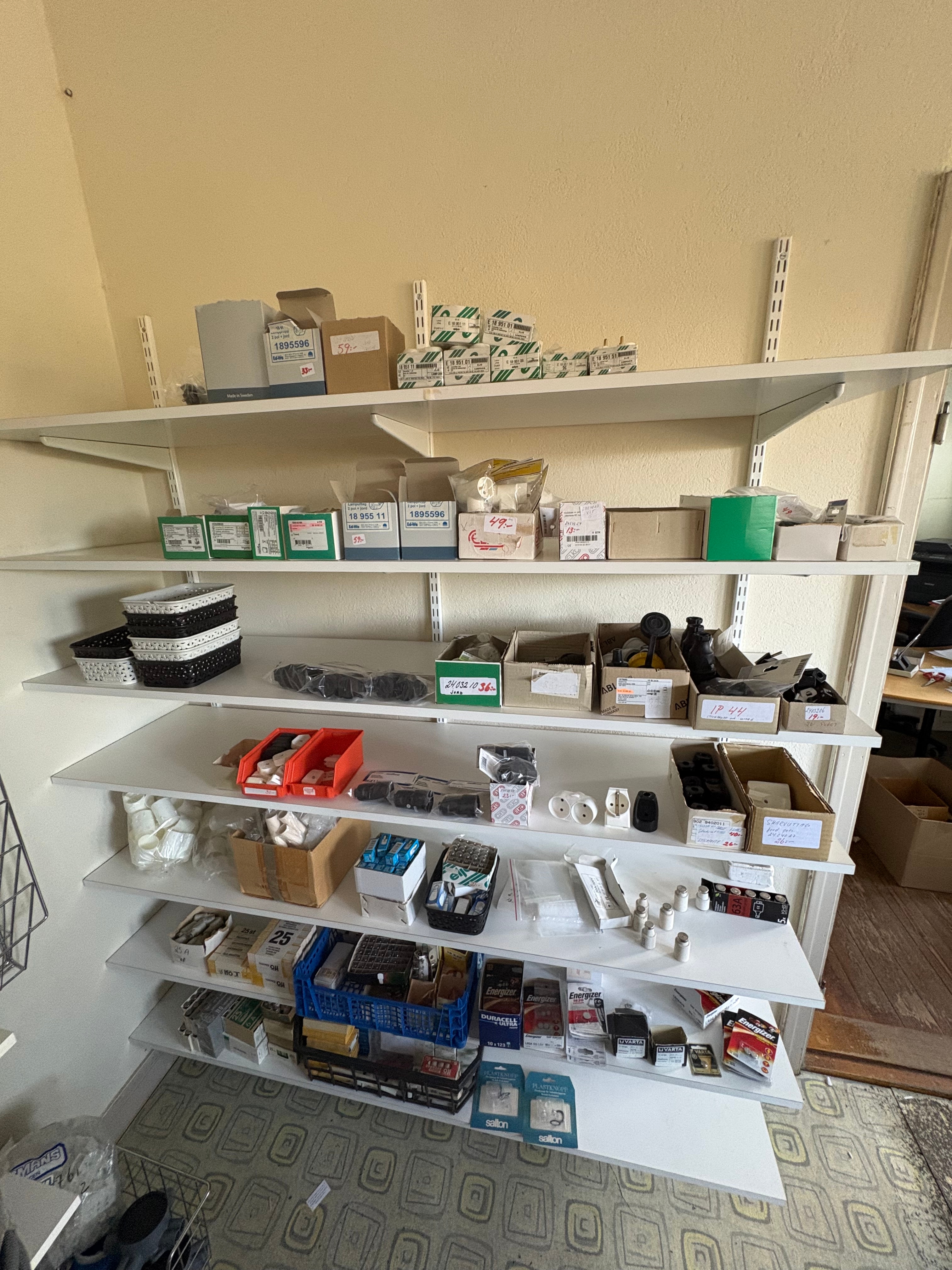 Electrical Materials Storage Racks Shelving system with electrical materials and accessories (mixed lot ...