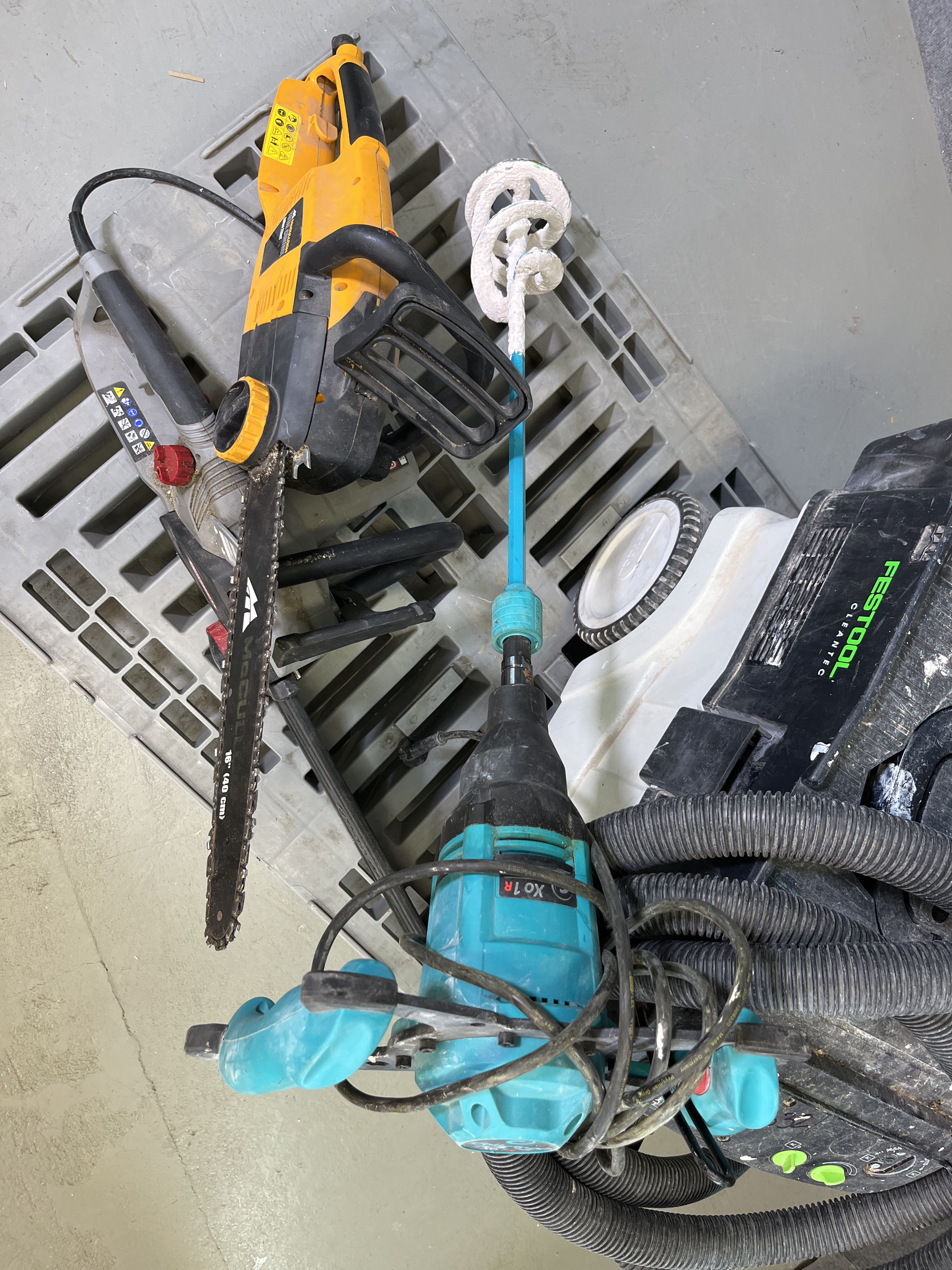 Agitators, chainsaws x2 and vacuums, Collomix/ Oregon/ Festool PS