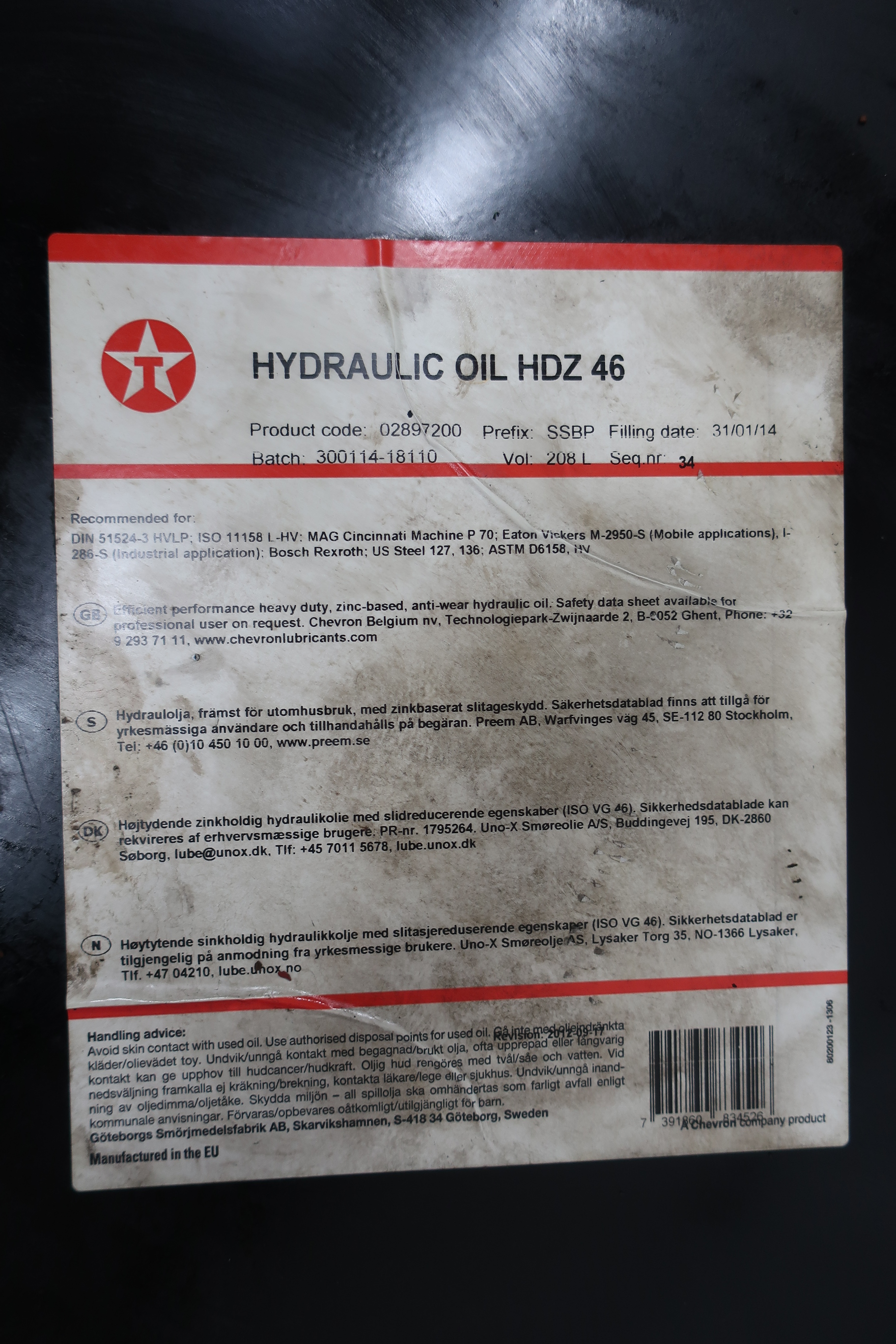 TEXACO Hydraulic oil HDZ 46 about 380 liter PS Auction We value the