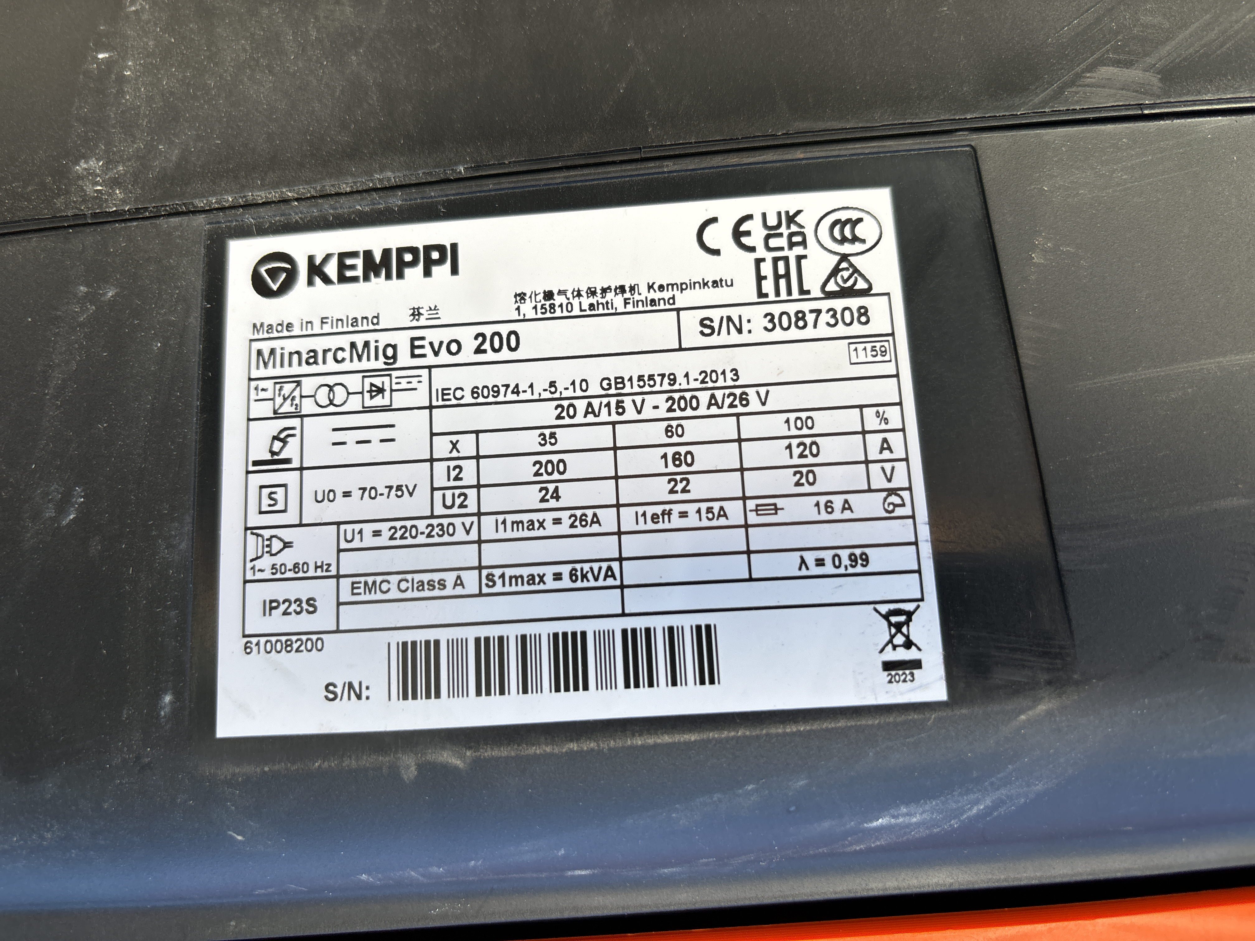 Kemppi MinarcMig EVO 200 with freely purchased Argon mix bottle