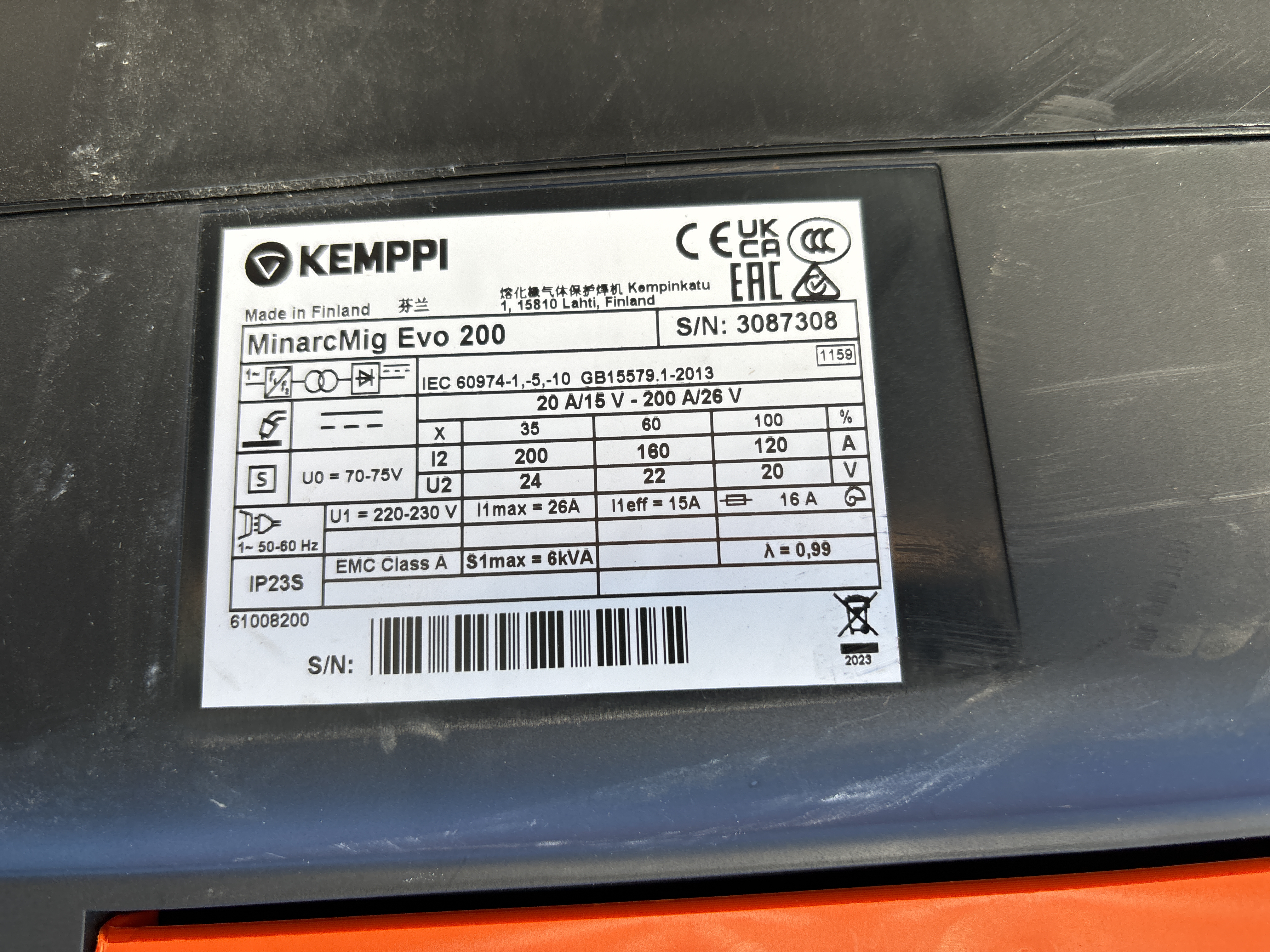 Kemppi MinarcMig EVO 200 with freely purchased Argon mix bottle