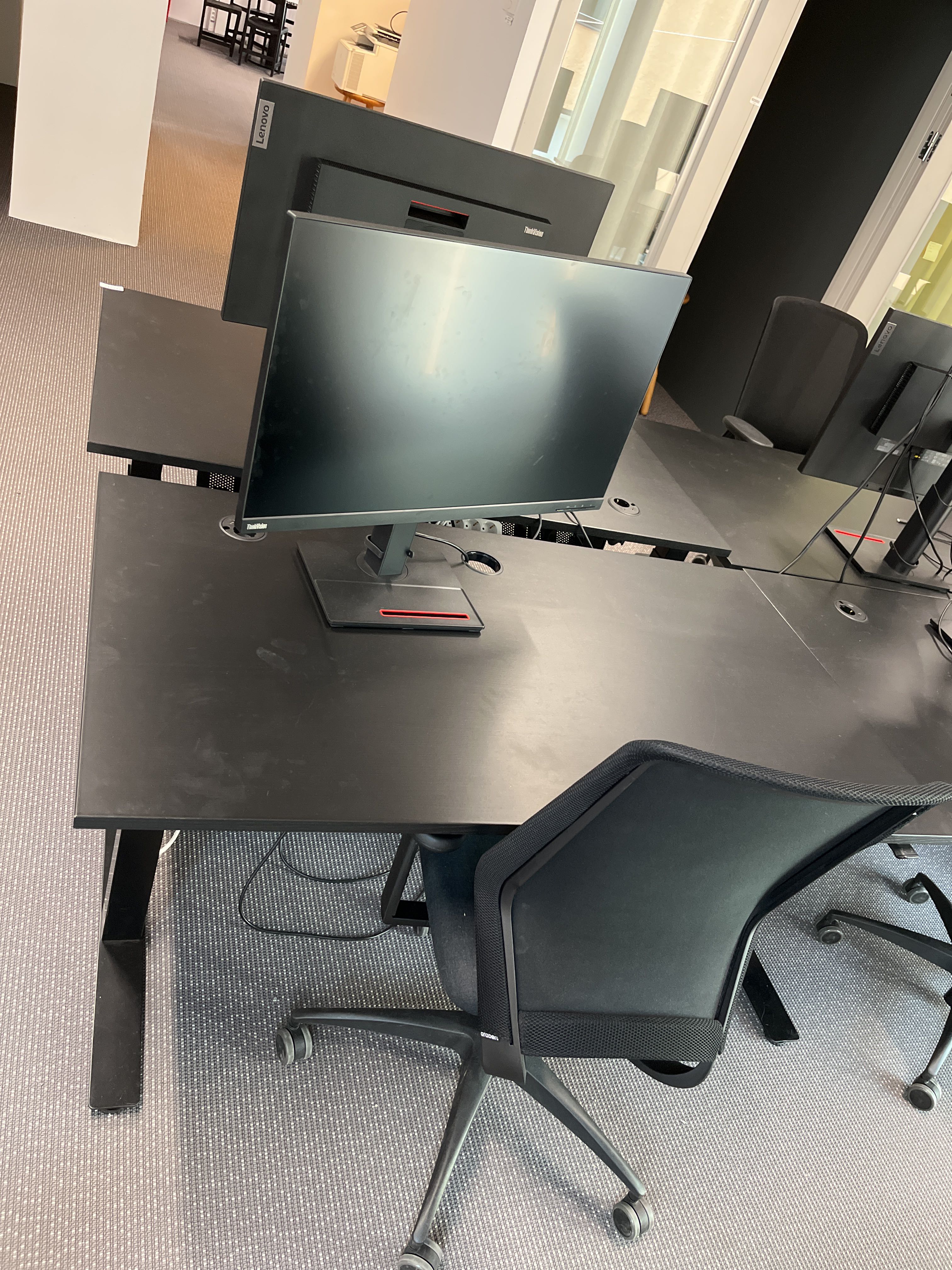 Raised/lowered desks, office chairs & monitors, x2 sets PS Auction