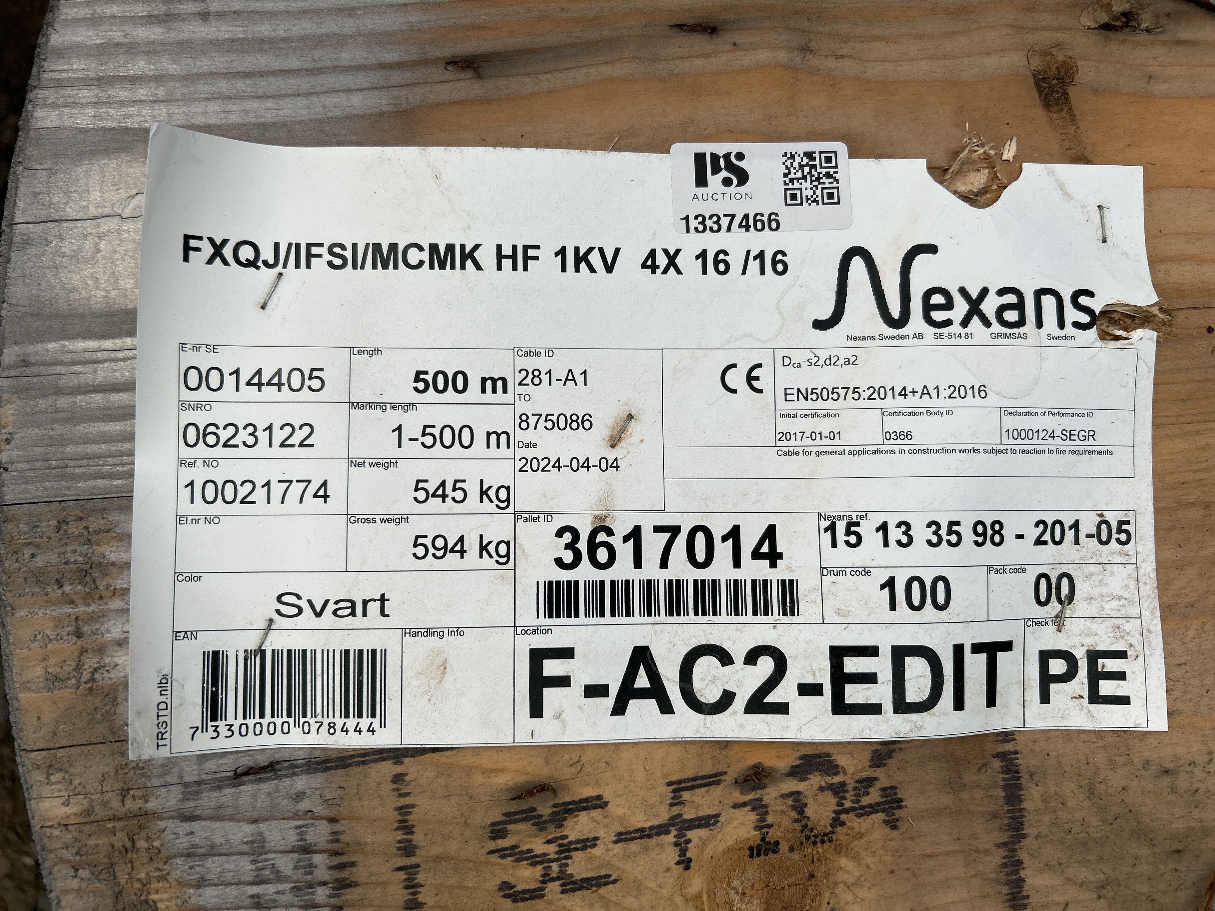 Power cable on drum 500m - Nexans FXQJ/IFSI/MCMK HF 1KV 4X 16 /16