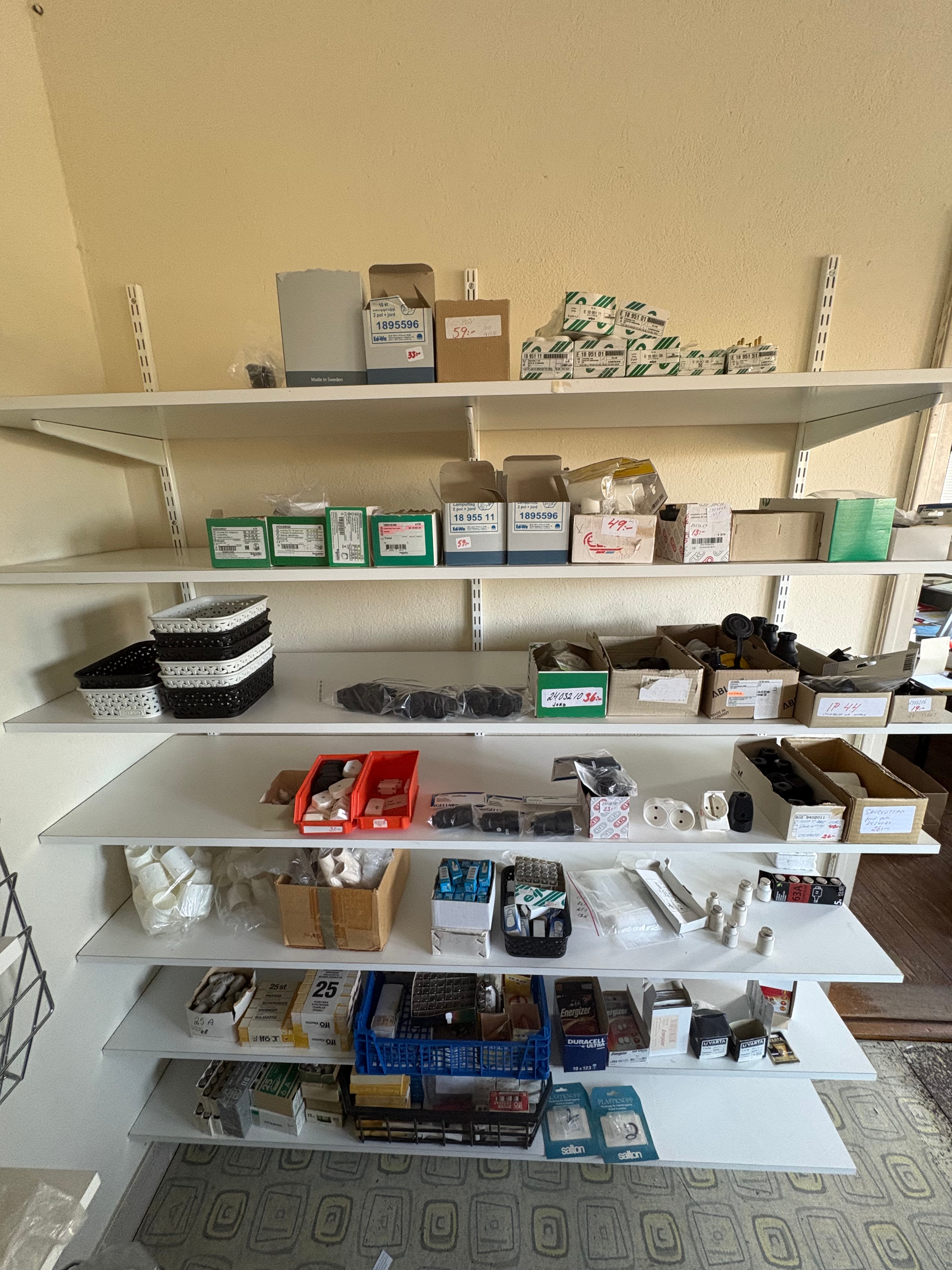 Electrical Materials Storage Racks Shelving system with electrical materials and accessories (mixed lot ...