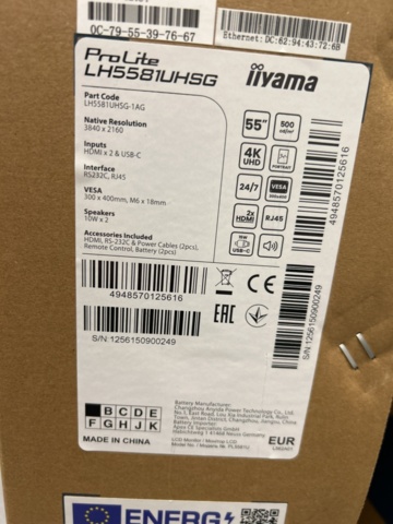 1504136-2 Screen 55” - iiyama ProLite LH5581UHSG (New in box)