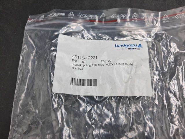 1523100-2 Bromskoppling - 20 st, Grippie, rak, 12x9 M22x1,5