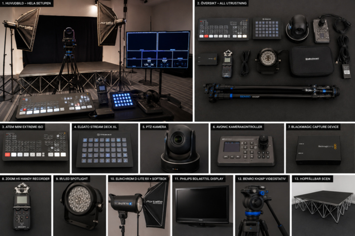 1491543-1 Komplett streaming- & studiopaket – videomixer, kameror, ljud, ljus & scen