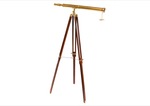Antique-looking brass binoculars with dark wood tripod stand and brass fittings,