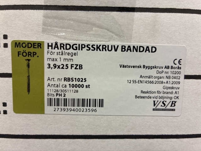 1543132-3 Ca 10.000 st Hårdgipsskruv bandad 3.9x25 FZB, VSB