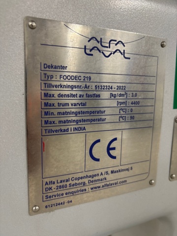 1529447-8 Dekantercentrifug - Alfa Laval Foodec 219 -2022