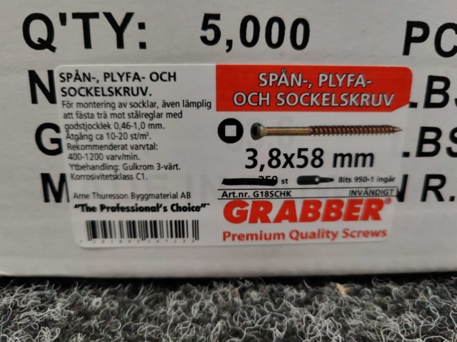 1551888-3 5000 st Spån-, Plyfa- och Sockelskruv 3.8x58mm, Grabber