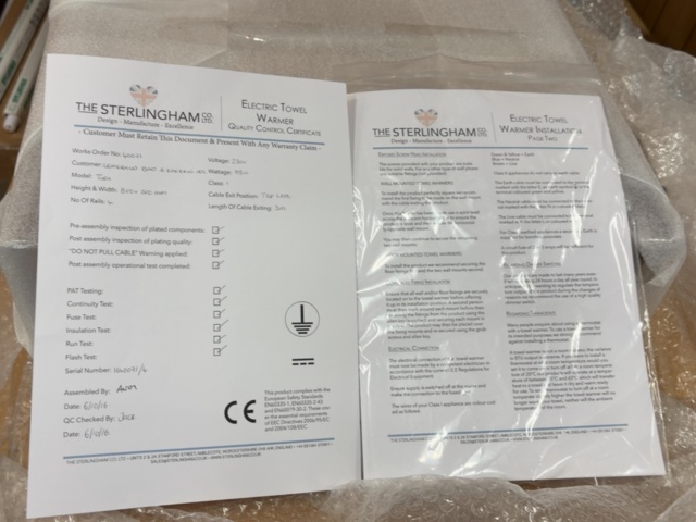 1531252-4 4 new electric towel warmers Sterlingham Stourton – Premium model – Warranty documents included