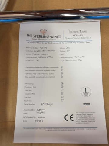 1531252-6 4 new electric towel warmers Sterlingham Stourton – Premium model – Warranty documents included