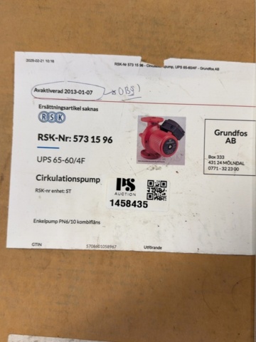 1458435-1 Cirkulationspump - Grundfos UPS65-60/4F