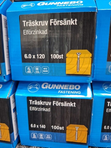 1557778-5 1000 st Träskruv Försänkt 6.0x120 & 6.0x140mm, Gunnebo