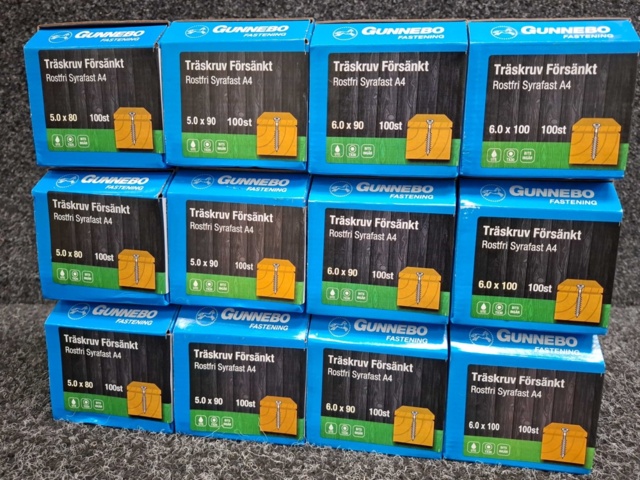 1557823-3 12 st Förpackningar Träskruv Försänkt, Gunnebo