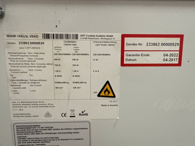 1535681-8 Frysbox - AHT Cooling Systems Miami 145(U)L VSAD