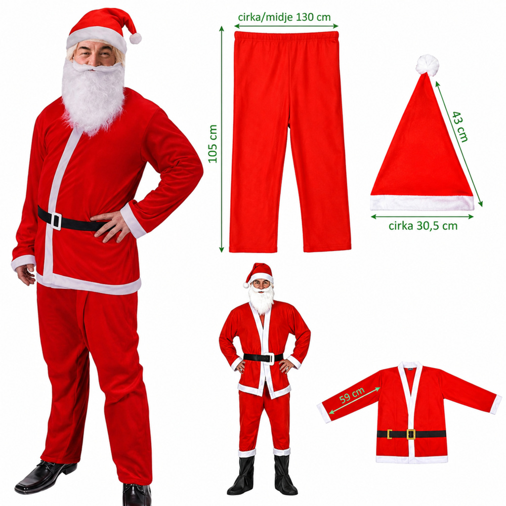 1536976-2 Santa Costume, 10pcs - Santa Costume Jacket, Pants, Hat, Beard and Belt