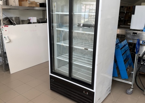 Beverage refrigerator with double sliding doors