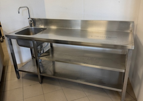 Sink with faucet, raised back edge, double bottom shelves, ball valve
