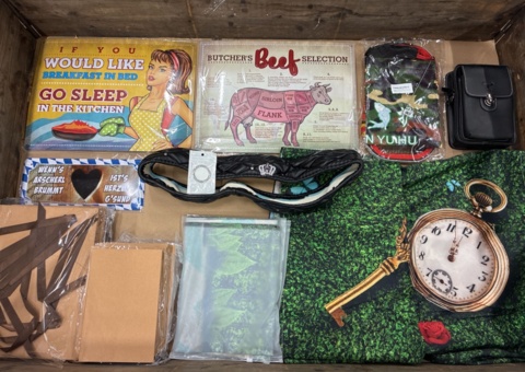 Tin signs, drawing pads, fishing rod, bag etc.