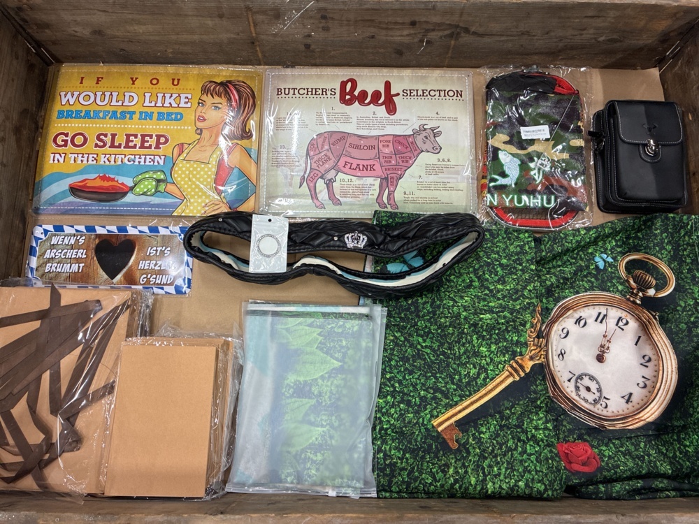 1564465-1 Tin signs, drawing pads, fishing rod, bag etc.