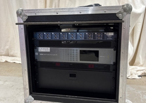Small streaming rack including Blackmagic ATEM 2 M/E Production Studio 4K.