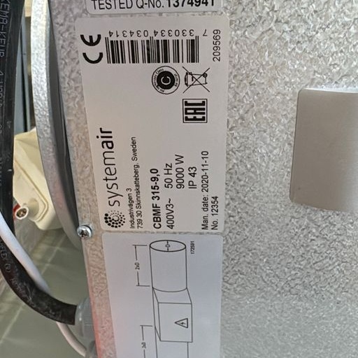 1532652-2 Systemair CBMF 315-9,0 – elektrisk kanalvärmare 9 kW