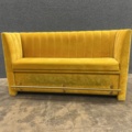 1570392-1 Yellow velvet sofa with an integrated brass-colored footrest at the bottom