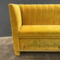 1570392-2 Yellow velvet sofa with an integrated brass-colored footrest at the bottom