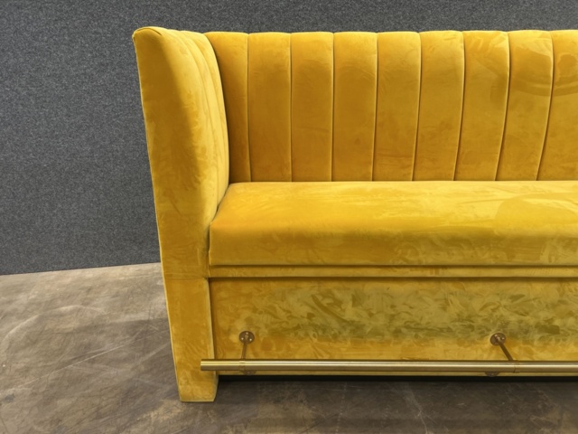 1570392-2 Yellow velvet sofa with an integrated brass-colored footrest at the bottom