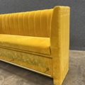 1570392-3 Yellow velvet sofa with an integrated brass-colored footrest at the bottom