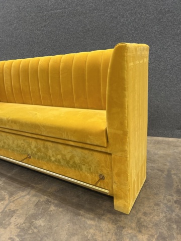 1570392-3 Yellow velvet sofa with an integrated brass-colored footrest at the bottom