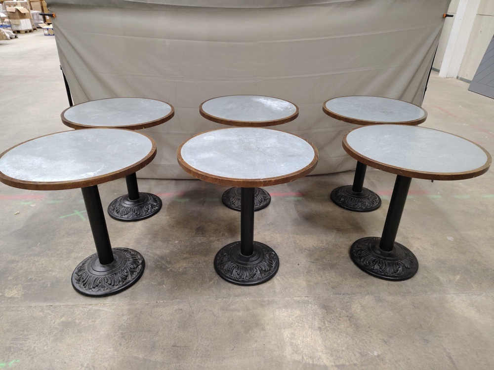 1569729-1 Café tables, 6 pcs - round table top, column base, decorative cast iron base