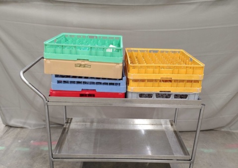 Dishwashing trolley with 7 dishwashing baskets - stainless steel, two shelves, wheels
