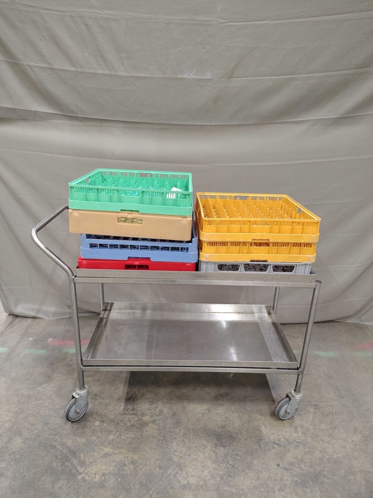 1571364-1 Dishwashing trolley with 7 dishwashing baskets - stainless steel, two shelves, wheels