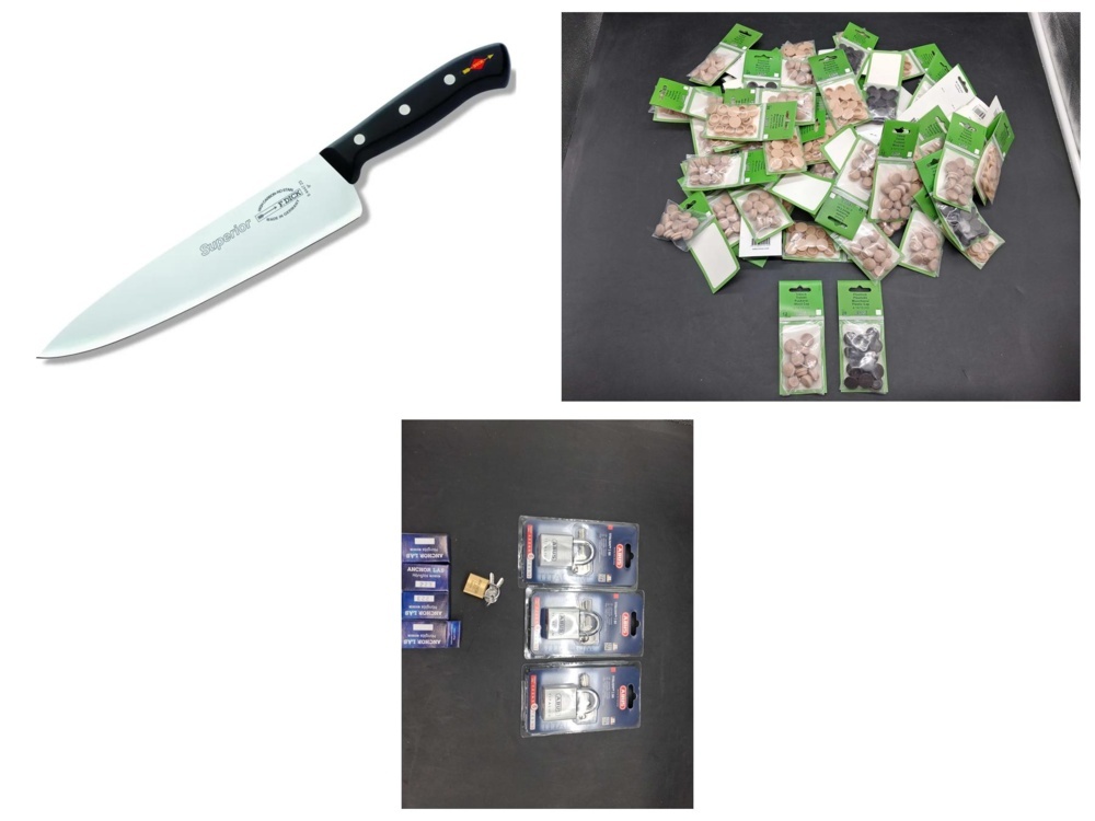 1571678-1 Chef knives, padlocks and furniture feet - mixed lot