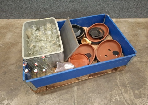 Glass, glass bottles, cast iron molds, terracotta bowls, etc.