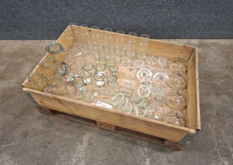 Carafes, glass jars, lids, candle holders, etc.
