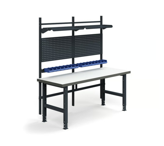 1575757-1 Complete workbench TRUST Tool boards, picking bins, shelves, 2000x760 mm, high-pressure laminate