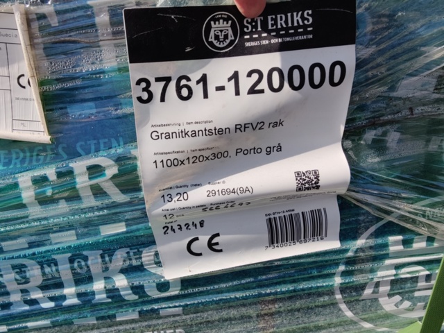 1091349-6 Granitkantsten RFV2 Rak Porto Grå 1100x120x300 mm ca 13.2 m