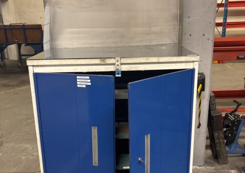 Workshop cabinet with work surface and splash guard