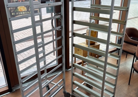 Serving trolleys 2 pcs and trays approx. 49 pcs