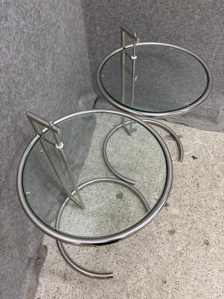 1497496-2 Adjustable glass tables with chrome legs, 2 pcs.