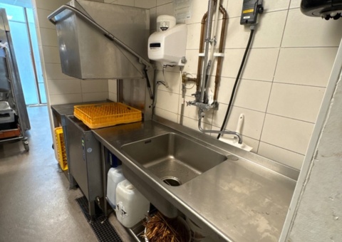 Dishwashing line with dishwasher, sink, side table and trolleys