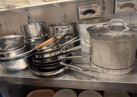 Collection of pots, pans and cooking utensils for commercial kitchens